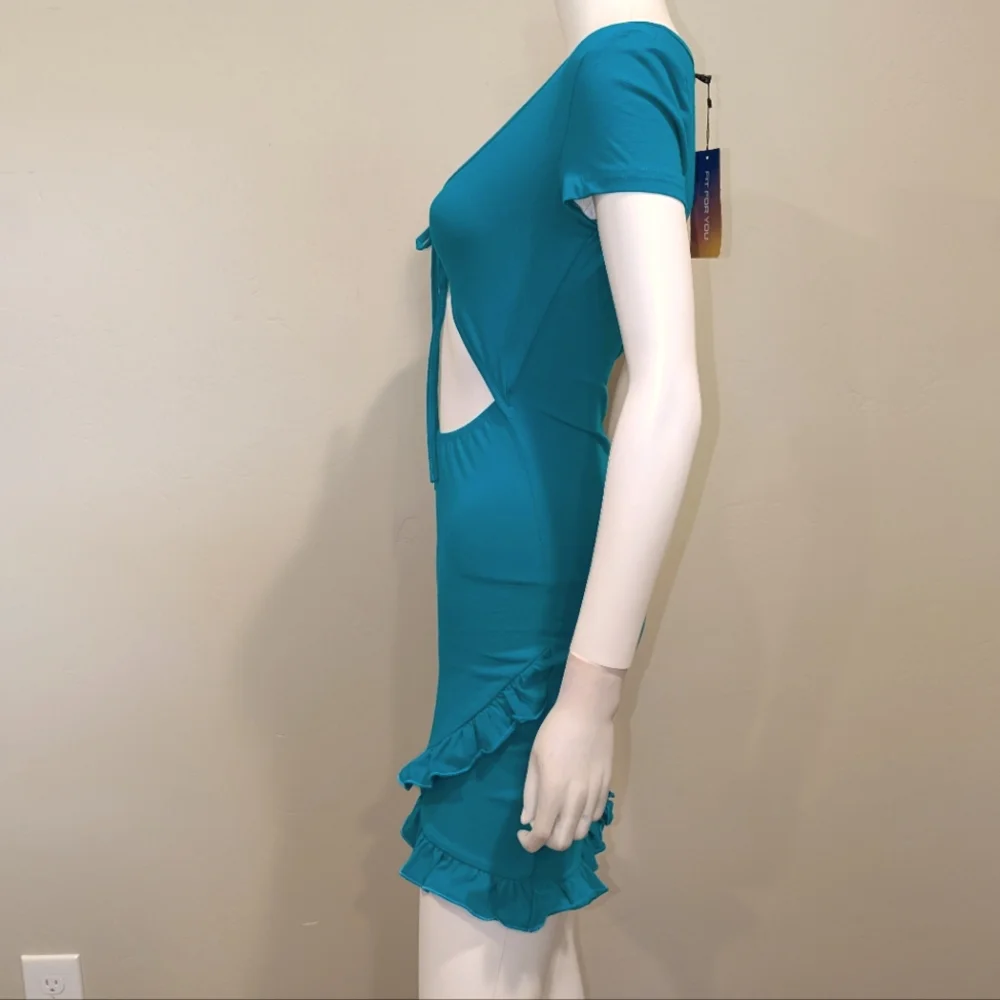 SHEIN Teal Cut Our Front Tie Bust Short Sleeve Ruffle Hem Mini Dress Size Small
